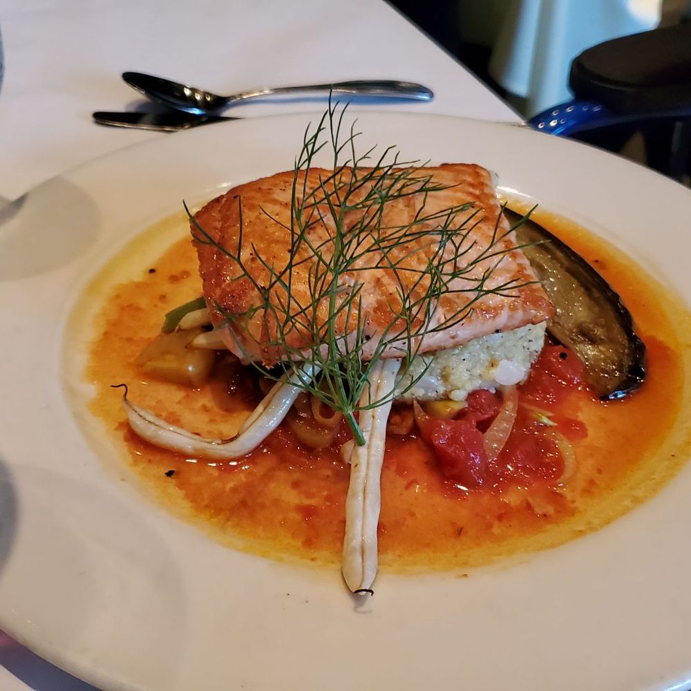 Higgins Restaurant - Grilled Salmon on Polenta - salmon was perfectly cooked - nice sear on outside, moist/flaky interior. - French Near Me - Portland, Oregon Higgins Restaurant - Grilled Salmon on Polenta - salmon was perfectly cooked - nice sear on outside, moist/flaky interior. - French Near Me - Portland, Oregon