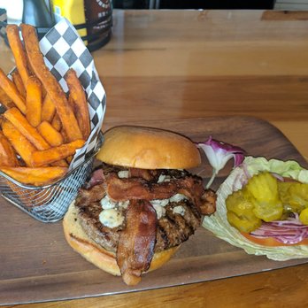 Tavern On The Square - Black and Bleu Burger with sweet potato fries! - Bars Near Me - Garland, Texas