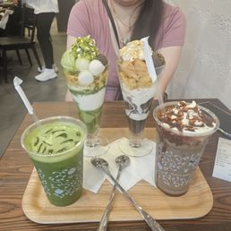 green tea soda, matcha and hojicha parfait, hojicha latte.