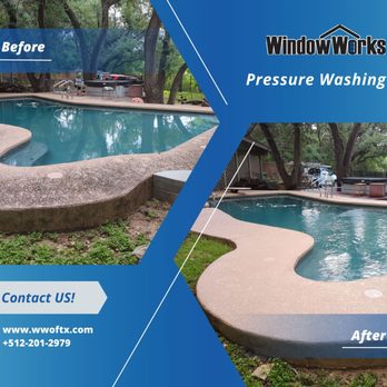 WindowWorks - Before and after pressure washed pool deck with stained concrete cleaned and refreshed - Window Washing Near Me - Lago Vista, Texas WindowWorks - Before and after pressure washed pool deck with stained concrete cleaned and refreshed - Window Washing Near Me - Lago Vista, Texas