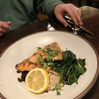 The Lobster Trap - Trout, risotto, chorizo, wilted spinach. - Seafood Near Me - Asheville, North Carolina The Lobster Trap - Trout, risotto, chorizo, wilted spinach. - Seafood Near Me - Asheville, North Carolina