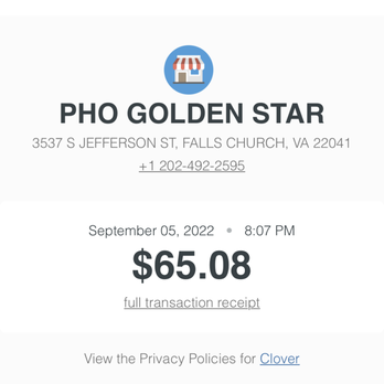 Pho Golden Star - My payment confirmation provided from the website that was included in a QR code on my printed receipt. - Vietnamese Near Me - Falls Church, Virginia Pho Golden Star - My payment confirmation provided from the website that was included in a QR code on my printed receipt. - Vietnamese Near Me - Falls Church, Virginia