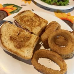 Cook's Station - Ham and cheese melt with onions rings.