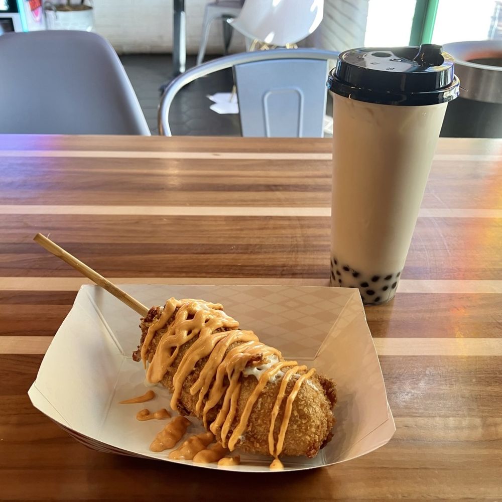 Bapu Fresh - All cheese corn dog, green milk tea w/ honey boba - Desserts Near Me - Bloomington, Indiana