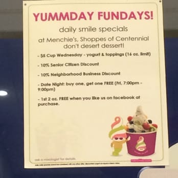 Menchies Frozen Yougurt - Specials! - Ice Cream & Frozen Yogurt Near Me - Memphis, Tennessee Menchies Frozen Yougurt - Specials! - Ice Cream & Frozen Yogurt Near Me - Memphis, Tennessee