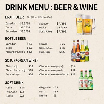 Top chicken - a menu for a drink menu - Korean Near Me - Waterloo, Ontario