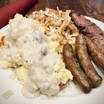 The Grand Buffet - Hashbrown, scrambled eggs with sausage gravy, breakfast sausage and slice of prime rib of beef. - Buffets Near Me - Reno, Nevada