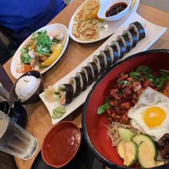 Sansu - From Top: Yaki Shrimp & Scallops, Seafood Pancake, Alaskan Roll, Chicken Sansu Bibimbap - Sushi Bars Near Me - East Lansing, Michigan Sansu - From Top: Yaki Shrimp & Scallops, Seafood Pancake, Alaskan Roll, Chicken Sansu Bibimbap - Sushi Bars Near Me - East Lansing, Michigan