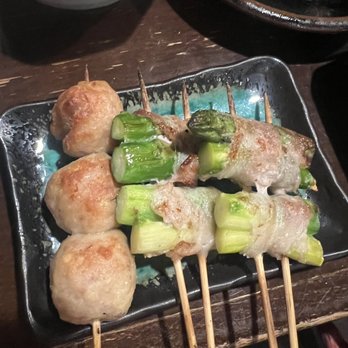 Tori Ton - Chicken meatball, pork wrapped asparagus with salt - Izakaya Near Me - Honolulu, Hawaii Tori Ton - Chicken meatball, pork wrapped asparagus with salt - Izakaya Near Me - Honolulu, Hawaii