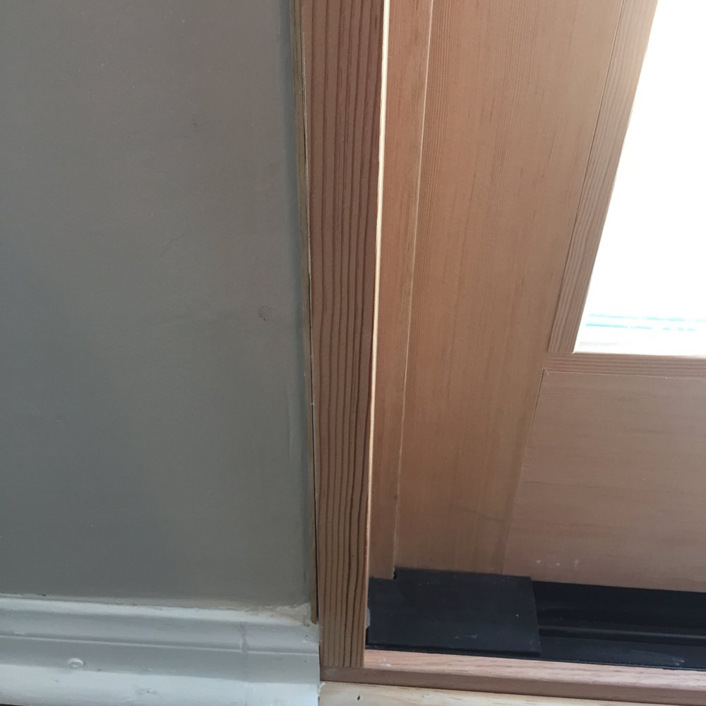 Sloppy finish work on sliding glass door install. Sloppy finish work on sliding glass door install.