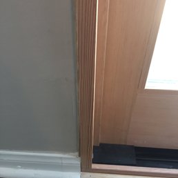 Sloppy finish work on sliding glass door install. Sloppy finish work on sliding glass door install.