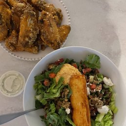 Take Out: Parmesan wings & Greek salad with Haloumi & spicy feta Take Out: Parmesan wings & Greek salad with Haloumi & spicy feta
