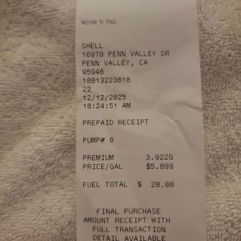 Penn Valley Shell & Country Store - December 12 receipt - Gas Stations Near Me - Penn Valley, California Penn Valley Shell & Country Store - December 12 receipt - Gas Stations Near Me - Penn Valley, California