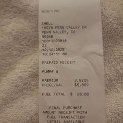 Penn Valley Shell & Country Store - December 12 receipt