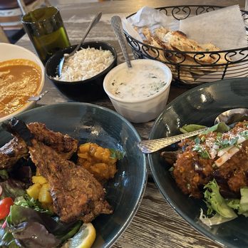 Marigold - Lamb Chops, mint and cucumber Raits, garlic naan, butter chicken and eggplant with cilantro. - Indian Near Me - Eastchester, New York Marigold - Lamb Chops, mint and cucumber Raits, garlic naan, butter chicken and eggplant with cilantro. - Indian Near Me - Eastchester, New York