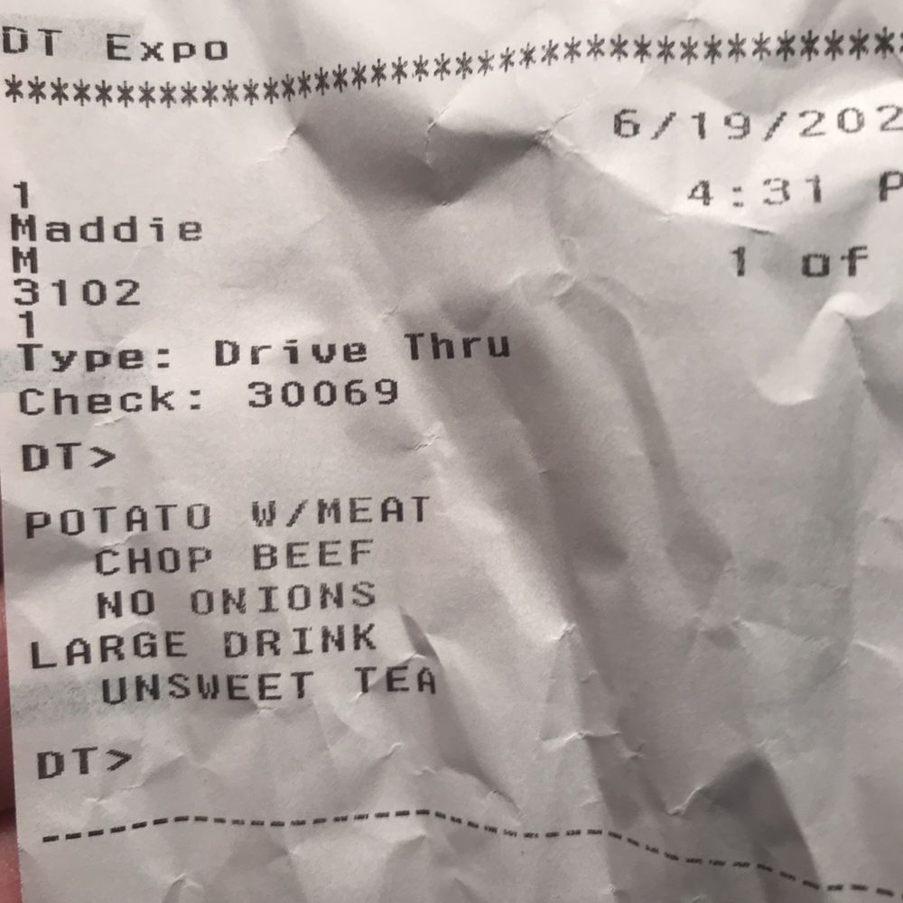 Receipt showing no chives. Yes I'm a bbq Becky ‍