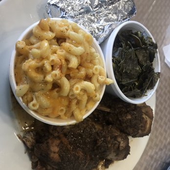 Amazing Taste - Jerk chicken, corn bread in foil, collared greens, and Mac n cheese - Soul Food Near Me - North Plainfield, New Jersey