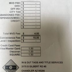 In & Out Tags & Title Services - 4$ charge and 15$ service fee for using a debit card- disgusting