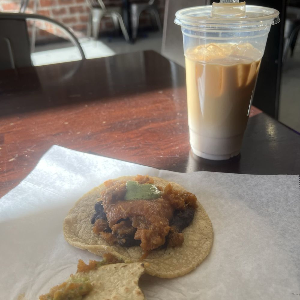 Guisados - Chicharrón tacos with their horchata and cold brew - both delicious! - Tacos Near Me - Burbank, California