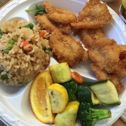 Fried shrimp combo w seasoned rice and steamed veggies