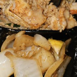 Chicken/shrimp plate. Too many onions with the veggies.