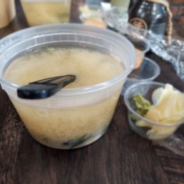 Comped miso soup; side of ginger and wasabi
