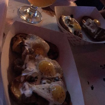 Tempest - Potato skins with Pork Belly, Gouda, crema, and quail eggs - American Near Me - San Francisco, California Tempest - Potato skins with Pork Belly, Gouda, crema, and quail eggs - American Near Me - San Francisco, California