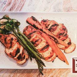 DinnerClub - Grilled Chicken Platter with Grilled Carrots and Asparagus with a side of Roasted Brussel Sprouts
