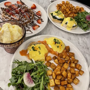 Evviva - Atlantic Smoke Salmon Eggs Benedict, Florentine Eggs Benedict and Nutella Waffle with Vanilla Ice Cream. - Breakfast & Brunch Near Me - North York, Ontario Evviva - Atlantic Smoke Salmon Eggs Benedict, Florentine Eggs Benedict and Nutella Waffle with Vanilla Ice Cream. - Breakfast & Brunch Near Me - North York, Ontario