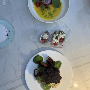 Splashes Restaurant - Oyster Trio and Ahi Tuna Crudo and Crisp Spanish Octopus - New American Near Me - Laguna Beach, California