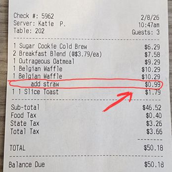 T's Restaurant - Charged for a straw. - Breakfast & Brunch Near Me - Narragansett, Rhode Island
