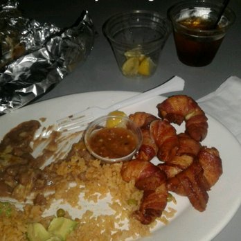 Royal Lounge - Sho' am good ! Bacon wrapped grilled shrimp with rice and beans, salsa and a potent but tasty Makers Mark & Coke ! - Lounges Near Me - West Covina, California