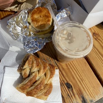 Stewarts Point Store - Apple Walnut Bear Claw, a house made biscuit with ham, and an Iced Chai Latte. - Bakeries Near Me - Stewarts Point, California