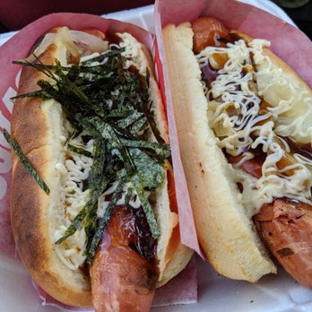 Japadog - Kurobuta (left) and Okonomi (right), both with veggie dogs - Japanese Near Me - Vancouver, British Columbia