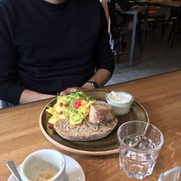 Scrambled eggs with toasted bread and an amazing cheese spread!