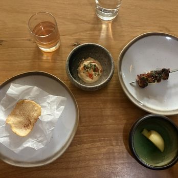 Heritage - "Snacks" - shrimp chip and dip, grilled octopus skewer, pickled turnip - Modern European Near Me - Long Beach, California