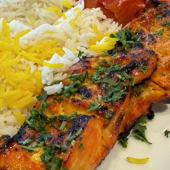 Vala Kitchen - Chicken thigh kebob with basmati rice and roasted tomato. - Persian/Iranian Near Me - Los Angeles, California