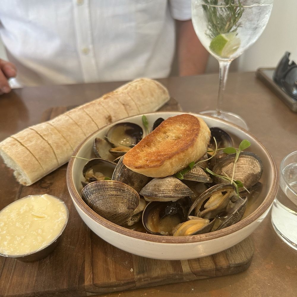 Valentina - Clams and bread with butter. Gin and tonic in the back. - Seafood Near Me - Encinitas, California Valentina - Clams and bread with butter. Gin and tonic in the back. - Seafood Near Me - Encinitas, California