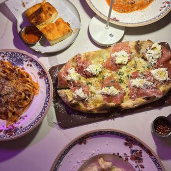 Bottega - Sacchetti (Bottom), Amatriciana (Middle Left), Prosciutto Pizza (Middle Right) and Chicken Parmigiana (Top) - Italian Near Me - San Francisco, California Bottega - Sacchetti (Bottom), Amatriciana (Middle Left), Prosciutto Pizza (Middle Right) and Chicken Parmigiana (Top) - Italian Near Me - San Francisco, California