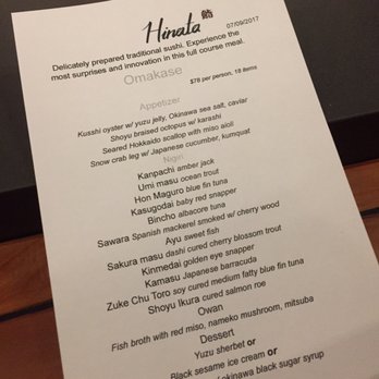 Hinata - menu for the night 7/9/2017 - Sushi Bars Near Me - San Francisco, California