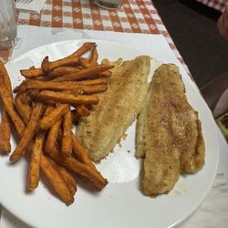 Bark River Lanes - Honey garlic walleye (light seasoning; not too sweet, which is good) and sweet potato fries.