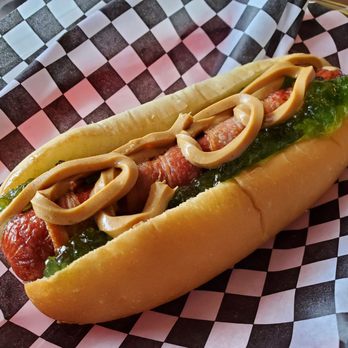 The Steamie Weenie - PBB & JJ ($6.95): peanut butter, bacon(-wrapped dog), and jalapeño jelly - Hot Dogs Near Me - Henderson, Nevada The Steamie Weenie - PBB & JJ ($6.95): peanut butter, bacon(-wrapped dog), and jalapeño jelly - Hot Dogs Near Me - Henderson, Nevada