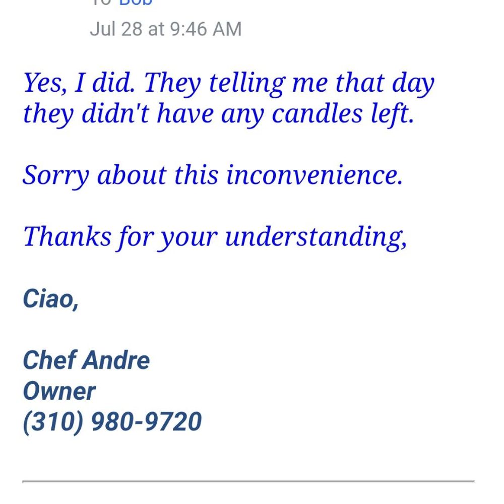 Locanda Veneta - This is the owner's lackluster reply. Somehow the staff remembered that on December 7th last year that they were out of candles - Italian Near Me - Los Angeles, California Locanda Veneta - This is the owner's lackluster reply. Somehow the staff remembered that on December 7th last year that they were out of candles - Italian Near Me - Los Angeles, California