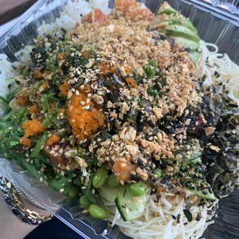 Poke Haus - 3 scoop (salmon, ahi tuna and yellowtail) with sweet shoyu and spicy Mayo on rice and noodles and tons of toppings - Poke Near Me - Westminster, California