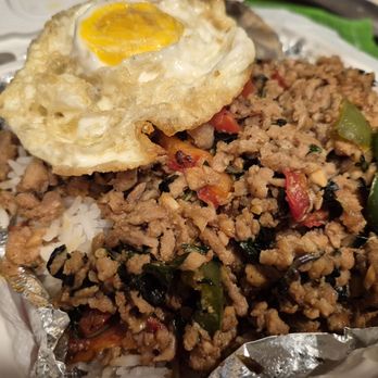 Thailand House - Spicy Pad Ka Prow, no onion.. with extra rice & fried egg 10 out of 5 Sooooo GOOD! - Thai Near Me - Reseda, California Thailand House - Spicy Pad Ka Prow, no onion.. with extra rice & fried egg 10 out of 5 Sooooo GOOD! - Thai Near Me - Reseda, California