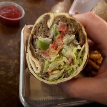 Spitz - Portland - Cross section of the Street Cart Doner Wrap with beef and lamb - Mediterranean Near Me - Portland, Oregon