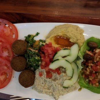 Clear Sky Cafe - Vegetarian Mezze Platter from the Gluten Free Menu - This is actually Vegan (my server checked). Pita replaced by cucumber & tomato. Yummy. - New American Near Me - Clearwater, Florida