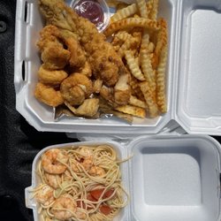 C.R.Burton's - Fried whiting and shrimp and shrimp pasta