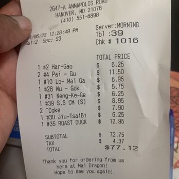 Mai Dragon - Excellent value. The check for 2 people, we dined in for lunch, ate leftovers for dinner & there's STILL food in the fridge! - Sushi Bars Near Me - Hanover, Maryland