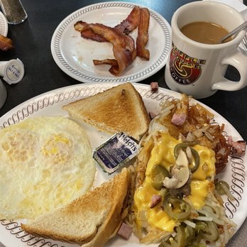 Waffle House - a breakfast plate with eggs, bacon, hash browns, and a cup of coffee - Breakfast & Brunch Near Me - Inwood, West Virginia Waffle House - a breakfast plate with eggs, bacon, hash browns, and a cup of coffee - Breakfast & Brunch Near Me - Inwood, West Virginia